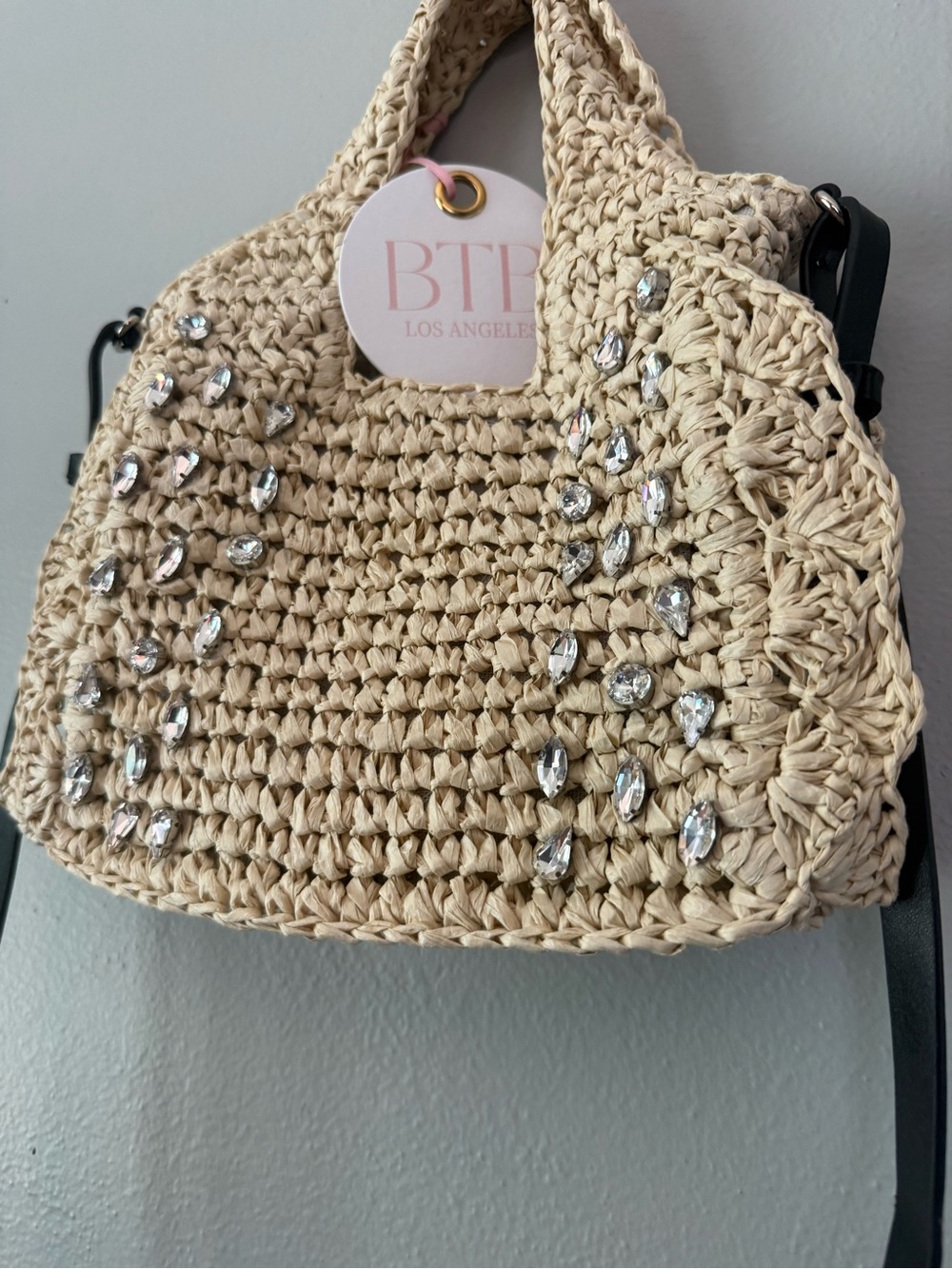 BTB Los Angeles Beige Crochet Tote with Crystal Embellishments - Picture 3 of 7